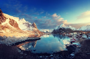 snow in Reine Village, Lofoten Islands, Norway